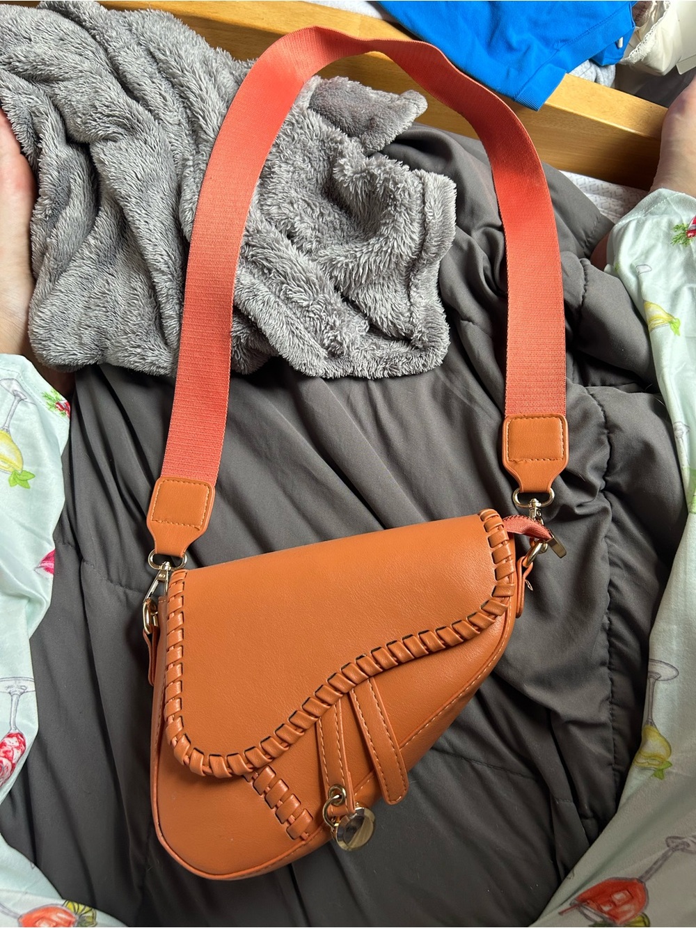 Amazon Orange Saddle Crossbody Bag with Wide Coral Strap